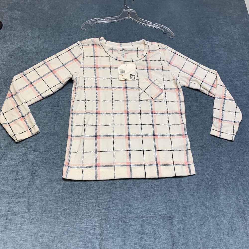 Anne Klein Extra Soft Fleece Top Womens Small Multicolor Plaid Long Sleeve